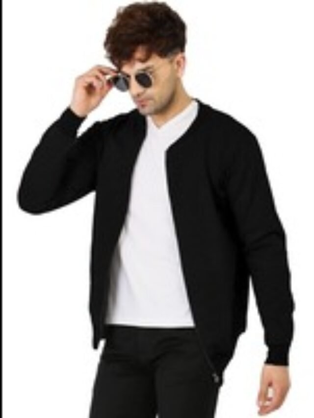 Men's Regular Fit Bomber Jacket (Color: Black)